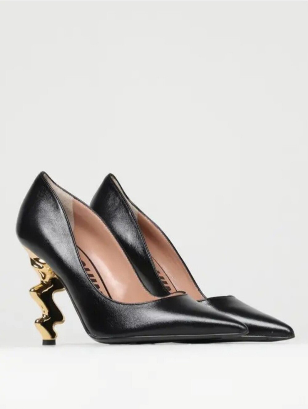 Moschino Black Leather Pointed Toe Pumps with Sculpted Gold Heel